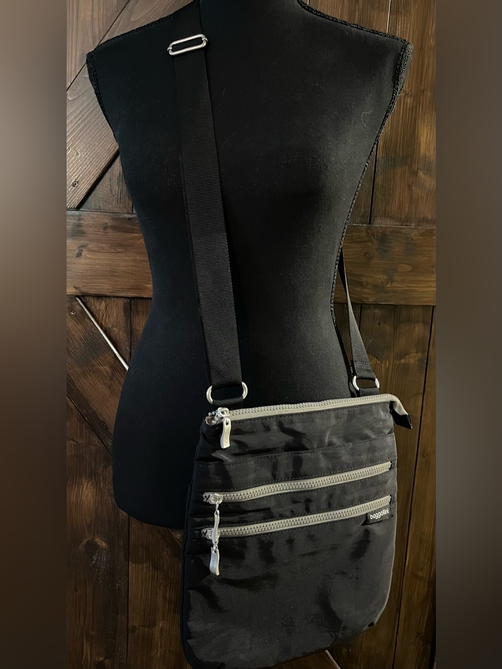 Baggallini Black Crossbody 3-Zip Bag - Lightweight Everyday Travel Bag
